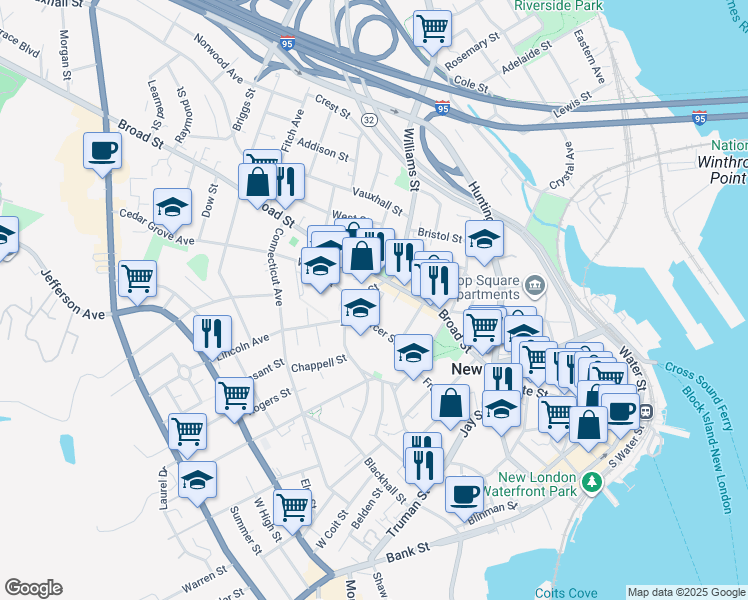 map of restaurants, bars, coffee shops, grocery stores, and more near 153 Williams Street in New London