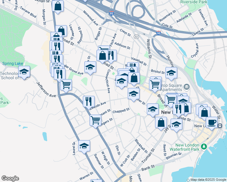 map of restaurants, bars, coffee shops, grocery stores, and more near 29 Waller Court in New London