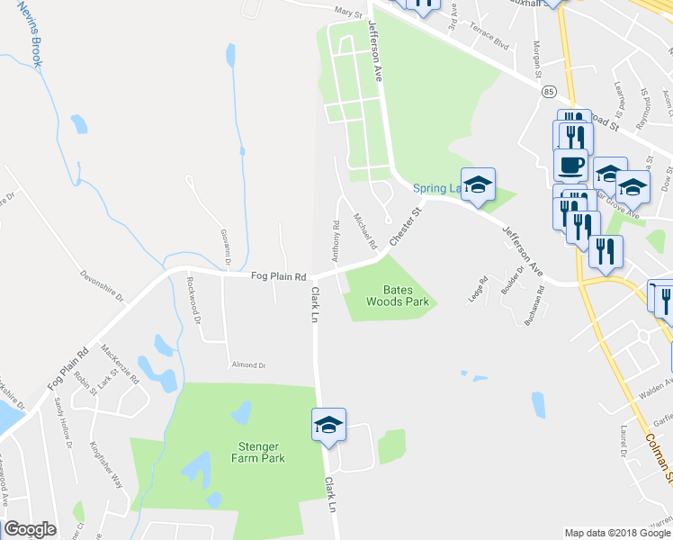 map of restaurants, bars, coffee shops, grocery stores, and more near 91 Chester Street in New London