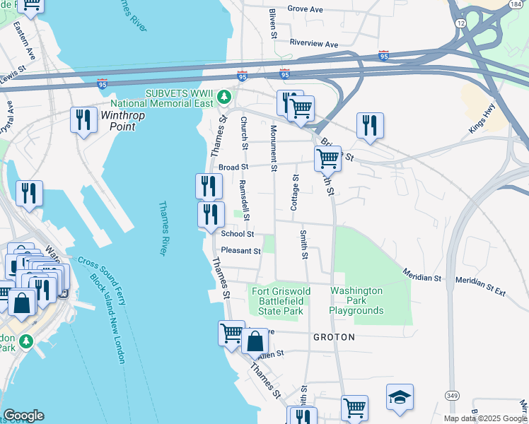 map of restaurants, bars, coffee shops, grocery stores, and more near 139 Monument Street in Groton