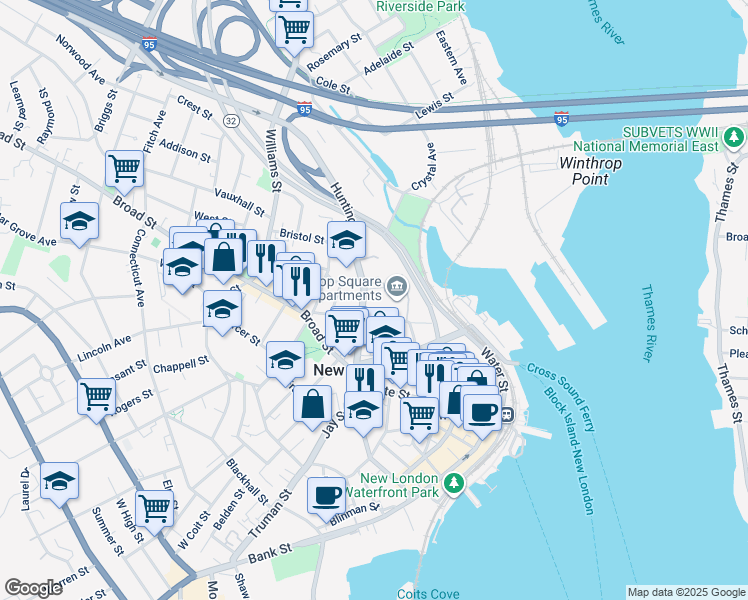 map of restaurants, bars, coffee shops, grocery stores, and more near 149 Huntington Street in New London