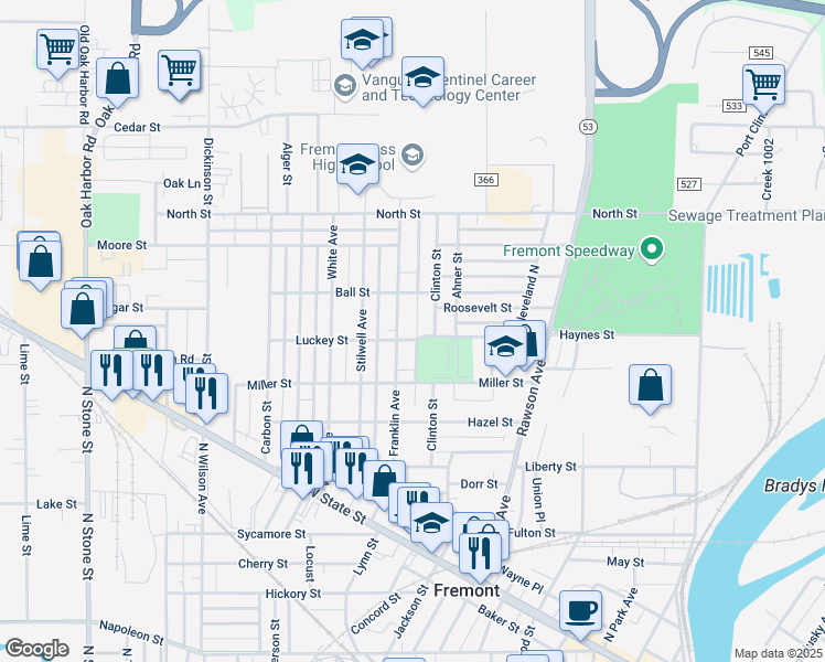 map of restaurants, bars, coffee shops, grocery stores, and more near 1116 Luckey Street in Fremont