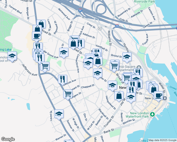 map of restaurants, bars, coffee shops, grocery stores, and more near 36 Waller Street in New London