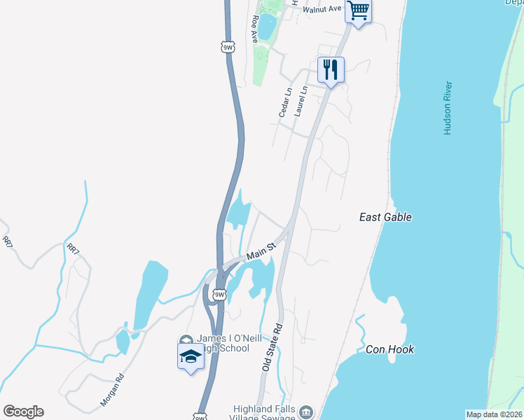 map of restaurants, bars, coffee shops, grocery stores, and more near 20 Walker Road in Highland Falls