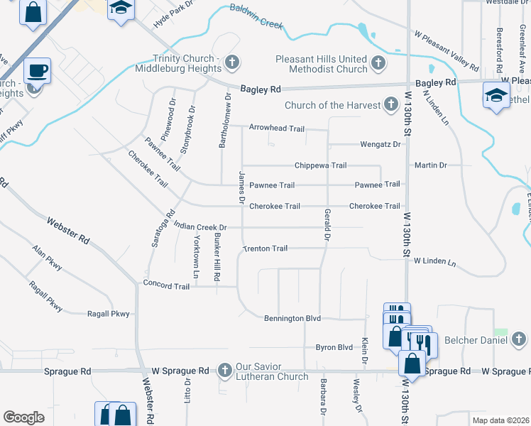 map of restaurants, bars, coffee shops, grocery stores, and more near 13923 Cherokee Trail in Middleburg Heights