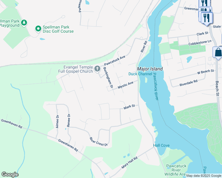 map of restaurants, bars, coffee shops, grocery stores, and more near 41 Mystic Avenue in Stonington