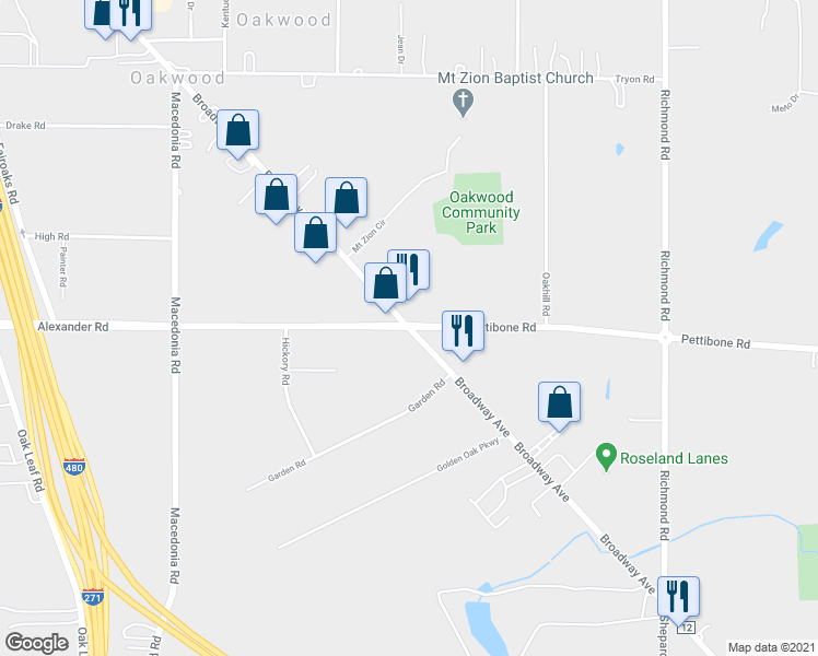 map of restaurants, bars, coffee shops, grocery stores, and more near 25918 Broadway Avenue in Oakwood Village