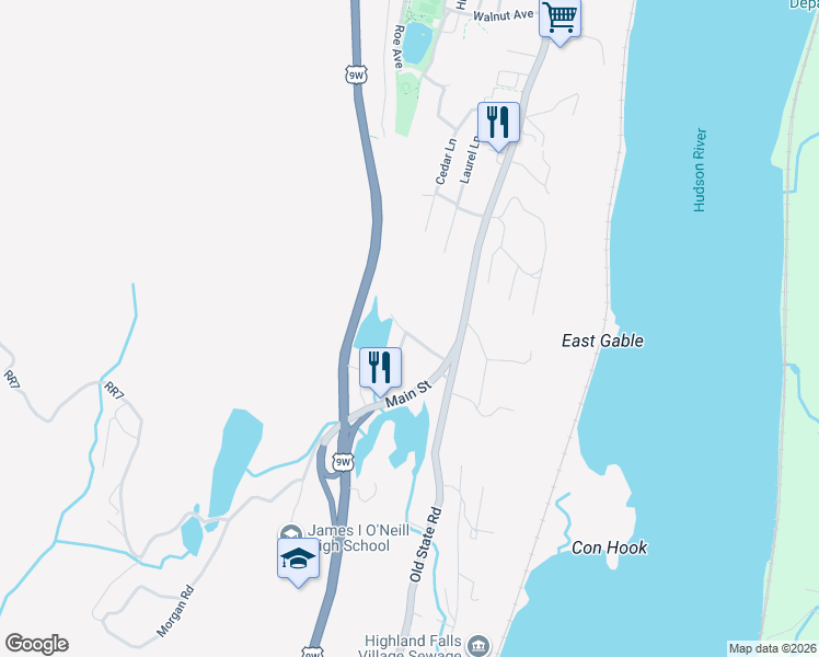 map of restaurants, bars, coffee shops, grocery stores, and more near 20 Walker Road in Highland Falls