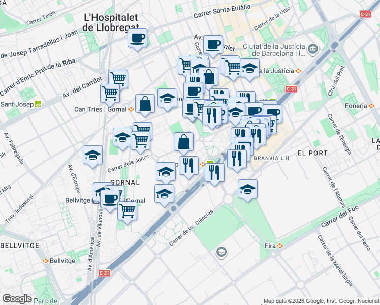 map of restaurants, bars, coffee shops, grocery stores, and more near 30-32 Plaça d'Europa in L'Hospitalet de Llobregat