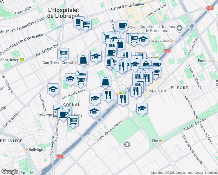 map of restaurants, bars, coffee shops, grocery stores, and more near 30-32 Plaça d'Europa in L'Hospitalet de Llobregat
