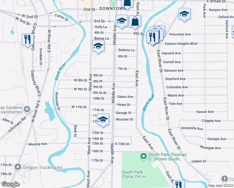 map of restaurants, bars, coffee shops, grocery stores, and more near 916 Middle Avenue in Elyria