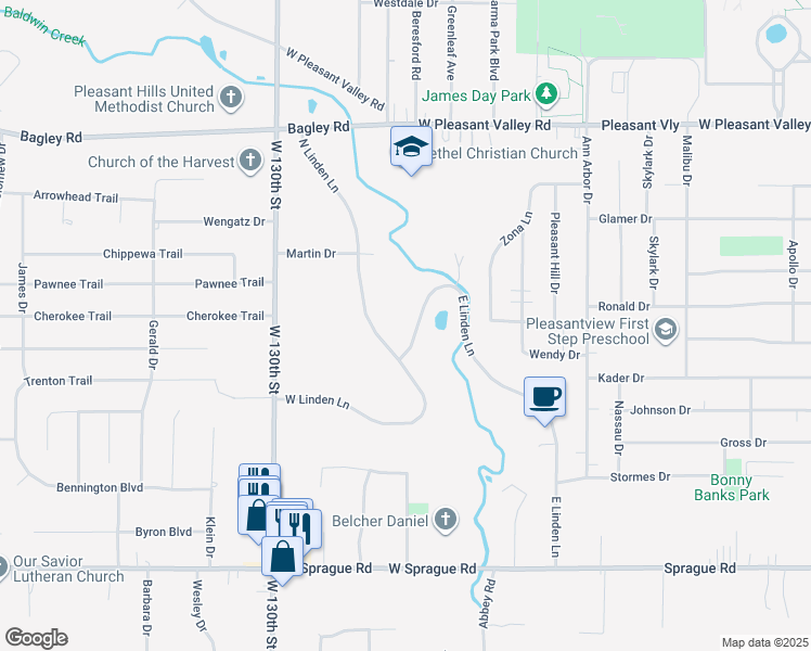 map of restaurants, bars, coffee shops, grocery stores, and more near 7650 Millerwood Lane in Parma