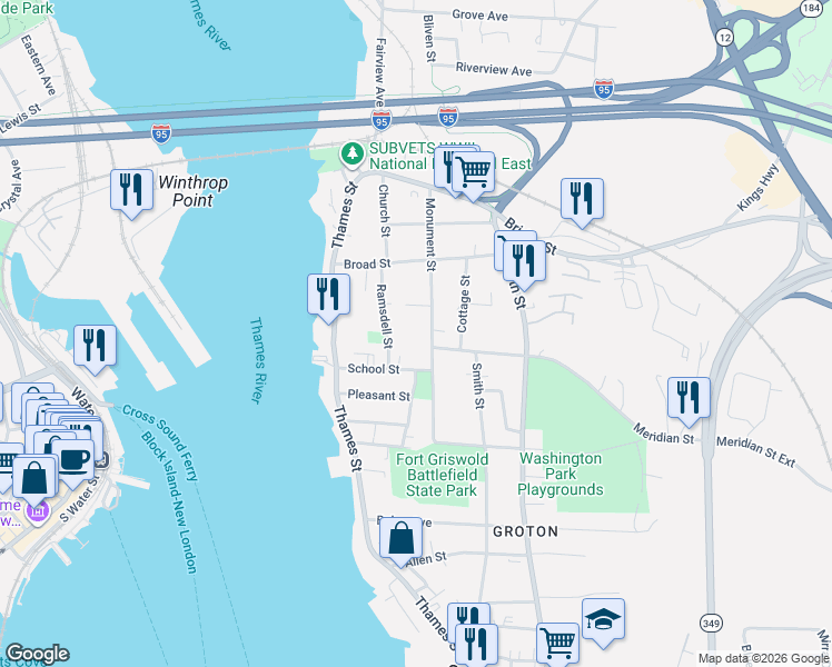 map of restaurants, bars, coffee shops, grocery stores, and more near 139 Monument Street in Groton