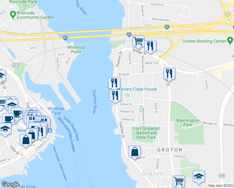 map of restaurants, bars, coffee shops, grocery stores, and more near 174 Thames Street in Groton