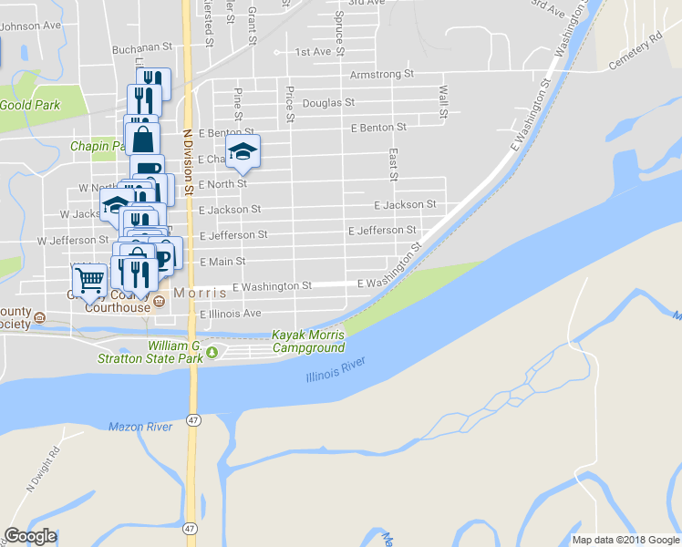 map of restaurants, bars, coffee shops, grocery stores, and more near 202 Spruce Street in Morris