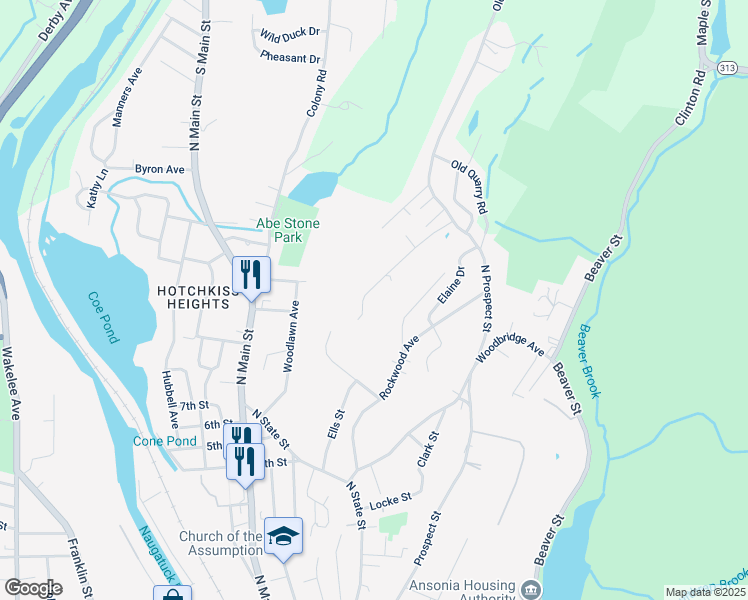 map of restaurants, bars, coffee shops, grocery stores, and more near 53 North Prospect Street Extension in Ansonia