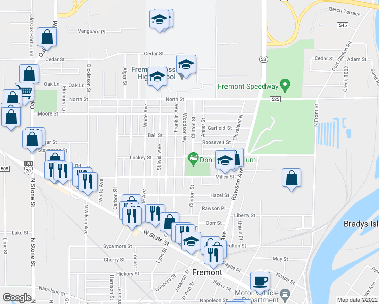 map of restaurants, bars, coffee shops, grocery stores, and more near 1106 Haynes St in Fremont