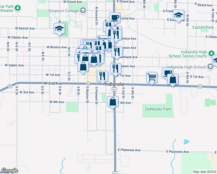 map of restaurants, bars, coffee shops, grocery stores, and more near 300 South 1st Street in Indianola