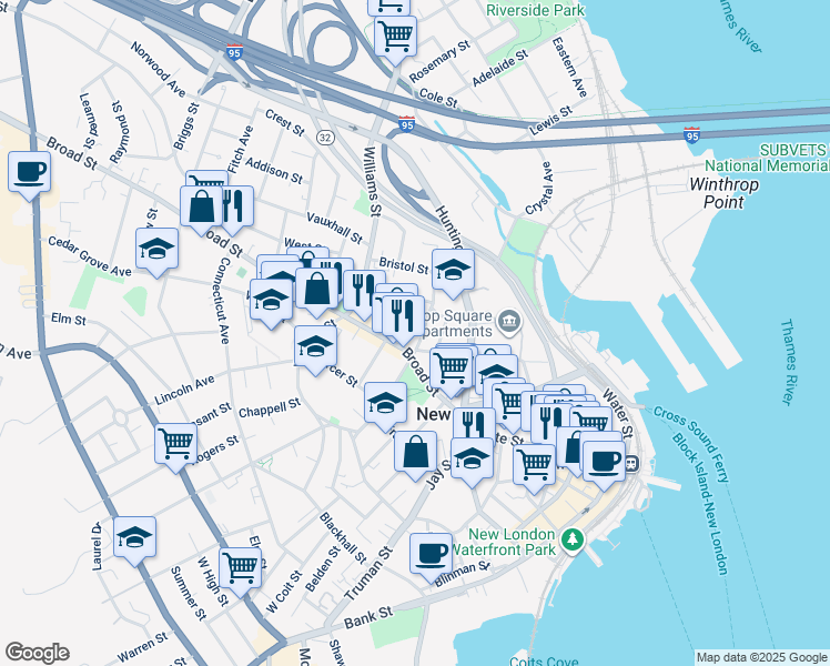 map of restaurants, bars, coffee shops, grocery stores, and more near 190 Hempstead Street in New London