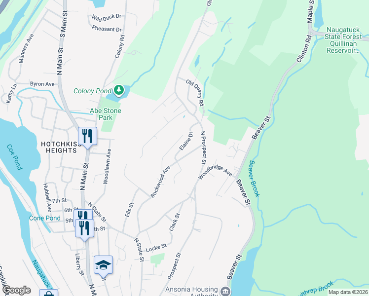 map of restaurants, bars, coffee shops, grocery stores, and more near 34 Elaine Drive in Ansonia