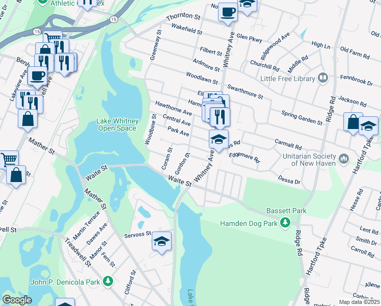 map of restaurants, bars, coffee shops, grocery stores, and more near 67 Gordon Street in Hamden