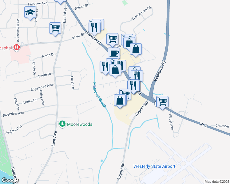 map of restaurants, bars, coffee shops, grocery stores, and more near 15 Charles Avenue in Westerly