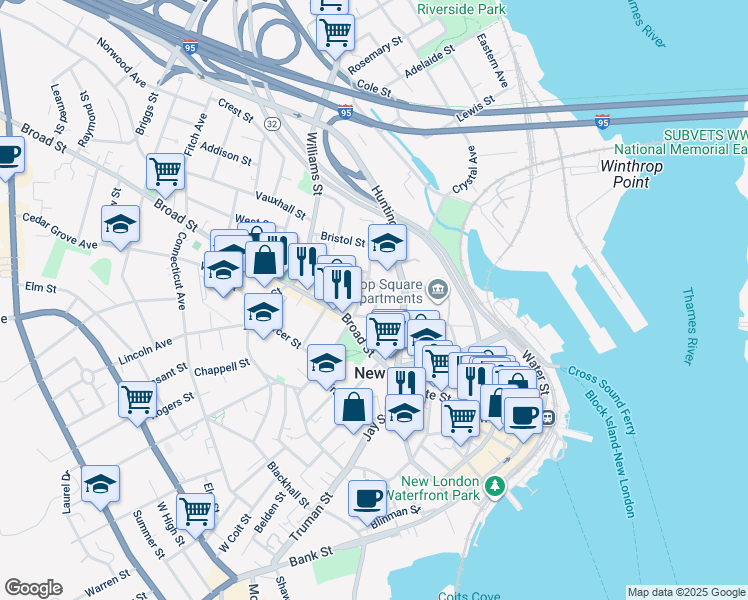 map of restaurants, bars, coffee shops, grocery stores, and more near 16 Prospect Street in New London