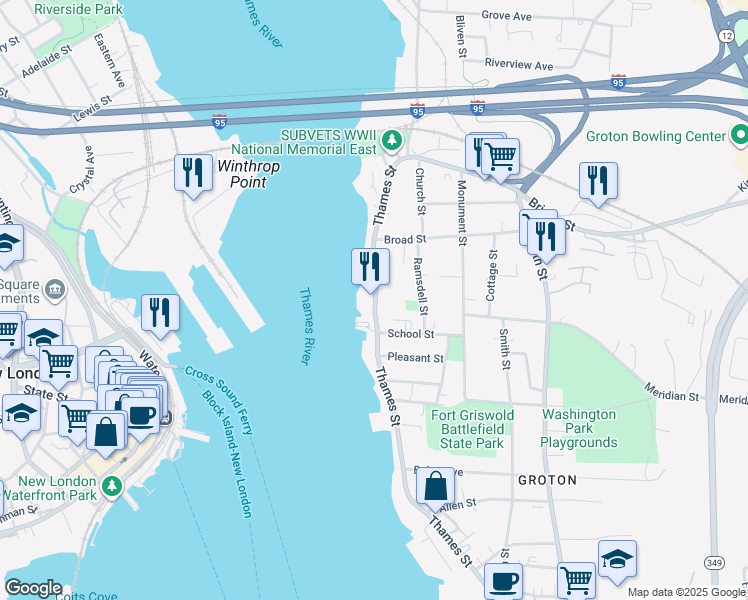 map of restaurants, bars, coffee shops, grocery stores, and more near 169 Thames Street in Groton