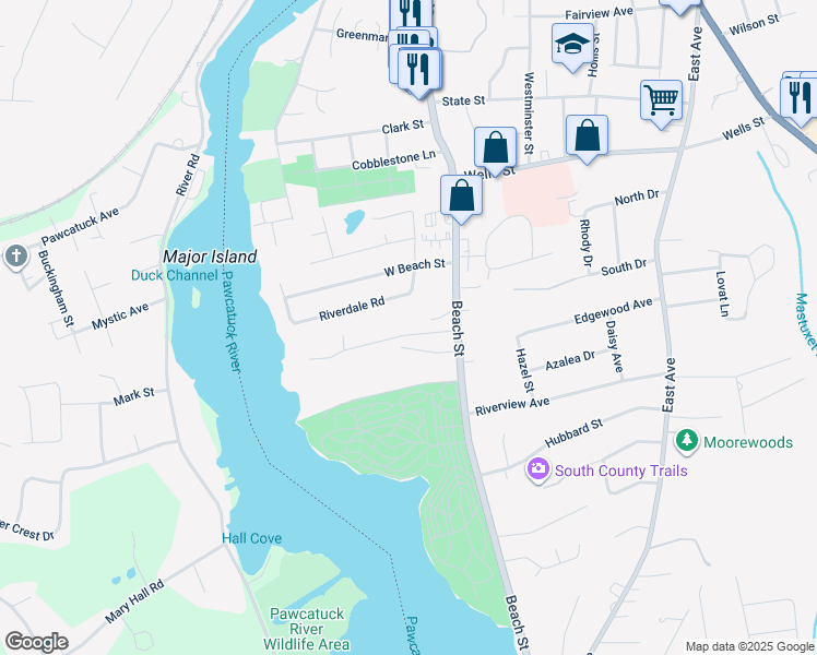 map of restaurants, bars, coffee shops, grocery stores, and more near 9 Lanphere Road in Westerly