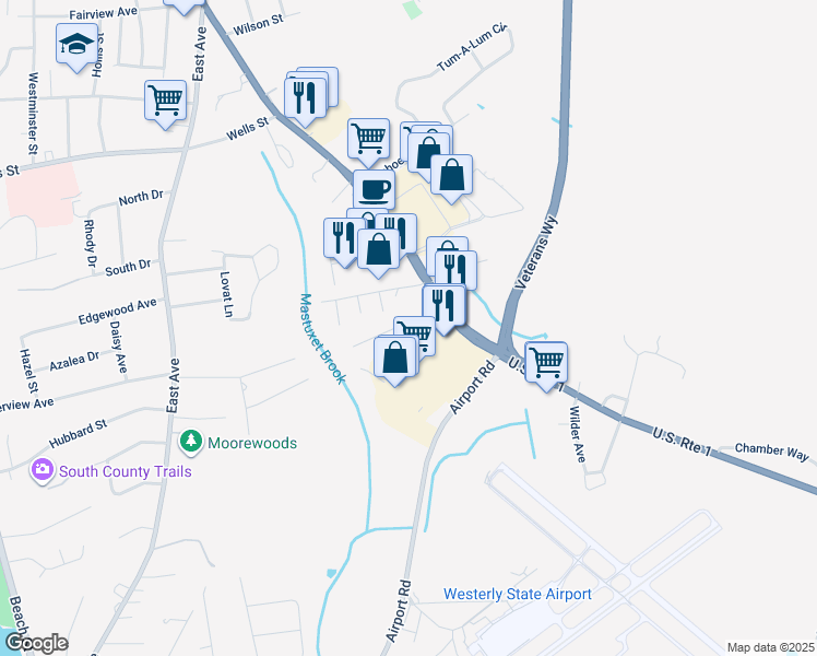 map of restaurants, bars, coffee shops, grocery stores, and more near 6 Charles Avenue in Westerly