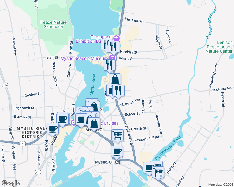 map of restaurants, bars, coffee shops, grocery stores, and more near 4 Oak Street in Stonington