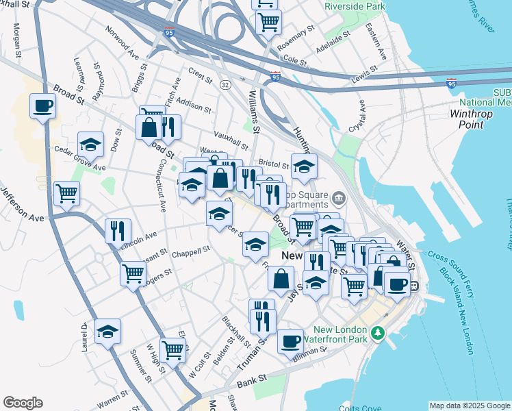map of restaurants, bars, coffee shops, grocery stores, and more near 130 Broad Street in New London