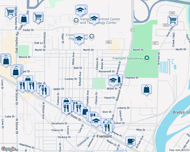 map of restaurants, bars, coffee shops, grocery stores, and more near 1116 Luckey St in Fremont