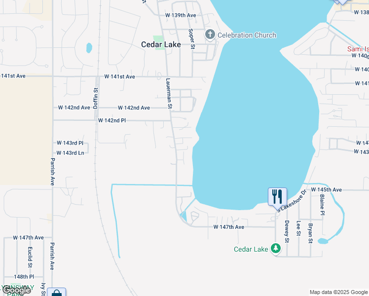 map of restaurants, bars, coffee shops, grocery stores, and more near 14325 Lauerman St in Cedar Lake