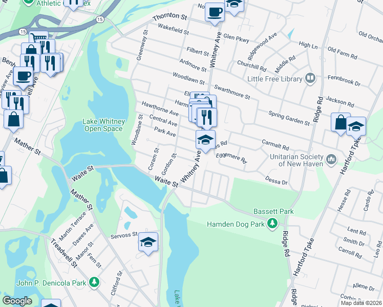 map of restaurants, bars, coffee shops, grocery stores, and more near 12 Russell Street in Hamden