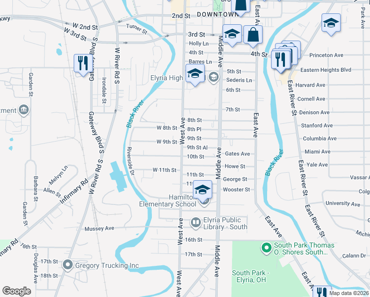 map of restaurants, bars, coffee shops, grocery stores, and more near 918 West Avenue in Elyria