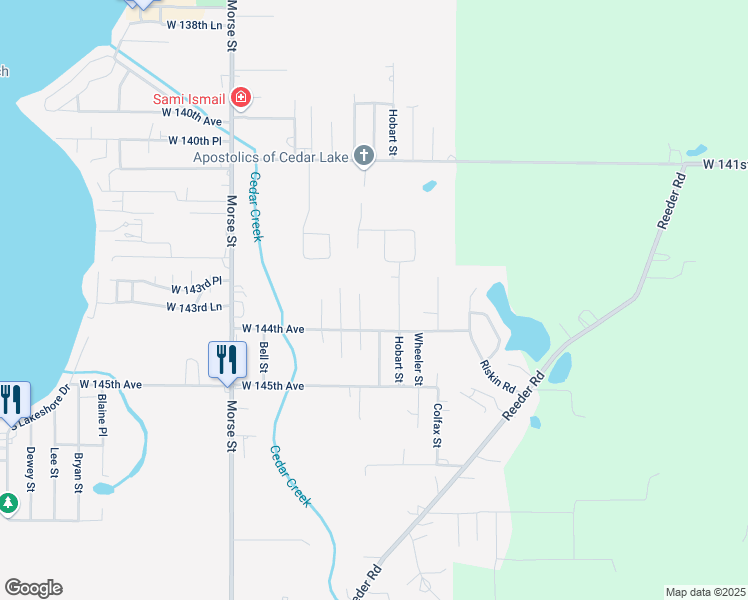 map of restaurants, bars, coffee shops, grocery stores, and more near 14316 Windsor Street in Cedar Lake