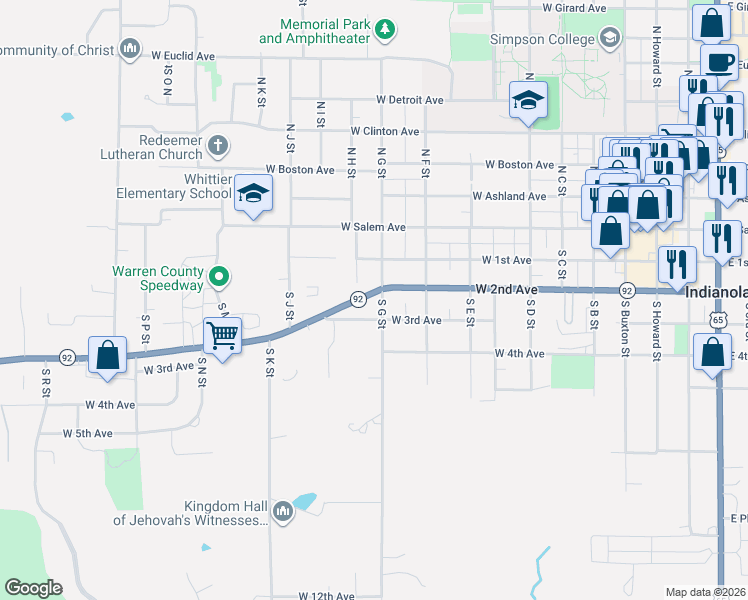 map of restaurants, bars, coffee shops, grocery stores, and more near 901 West 2nd Avenue in Indianola