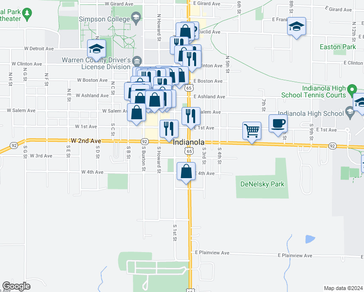 map of restaurants, bars, coffee shops, grocery stores, and more near 301 South Jefferson Way in Indianola