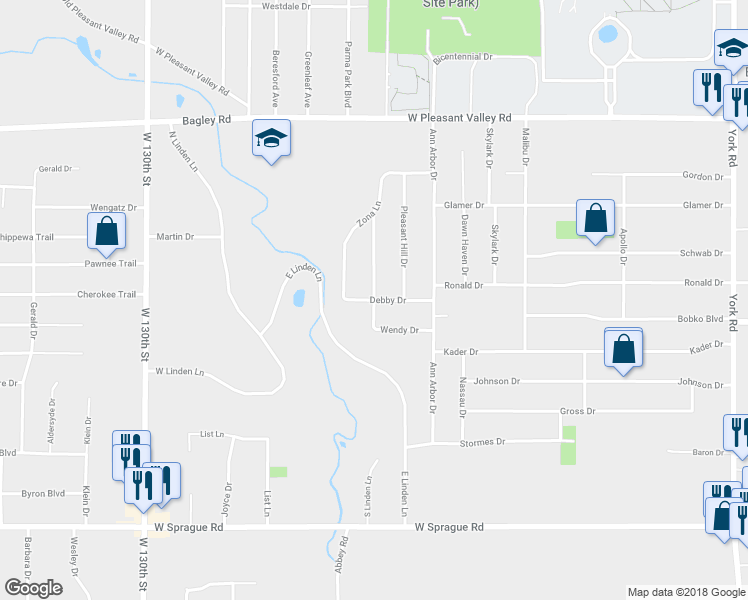 map of restaurants, bars, coffee shops, grocery stores, and more near 12291 Sleepy Hollow Drive in Parma