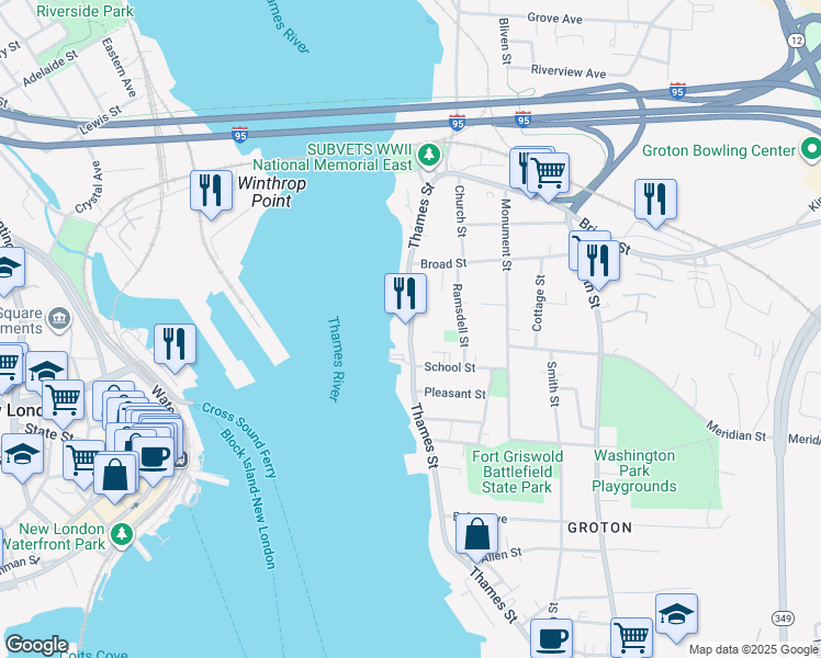 map of restaurants, bars, coffee shops, grocery stores, and more near 169 Thames Street in Groton