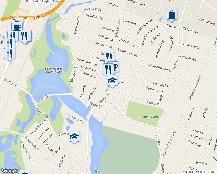 map of restaurants, bars, coffee shops, grocery stores, and more near 1614 Whitney Avenue in Hamden
