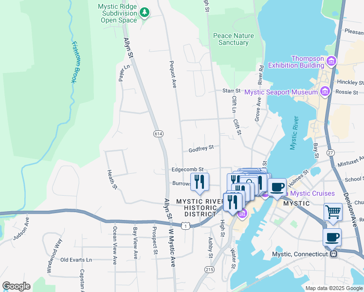 map of restaurants, bars, coffee shops, grocery stores, and more near 71 Pequot Avenue in Groton