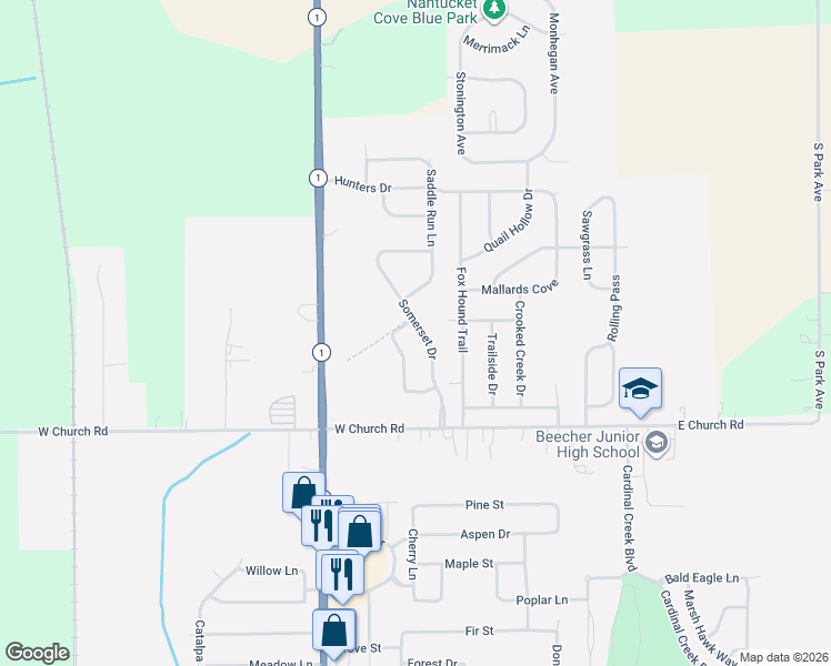 map of restaurants, bars, coffee shops, grocery stores, and more near 1467 Somerset Drive in Beecher