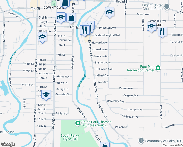 map of restaurants, bars, coffee shops, grocery stores, and more near 1049 East River Street in Elyria
