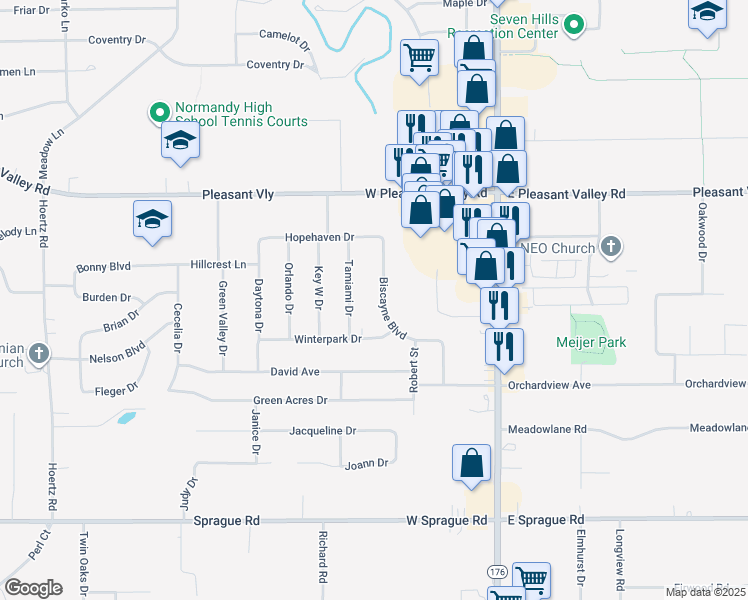 map of restaurants, bars, coffee shops, grocery stores, and more near 7574 Biscayne Boulevard in Parma