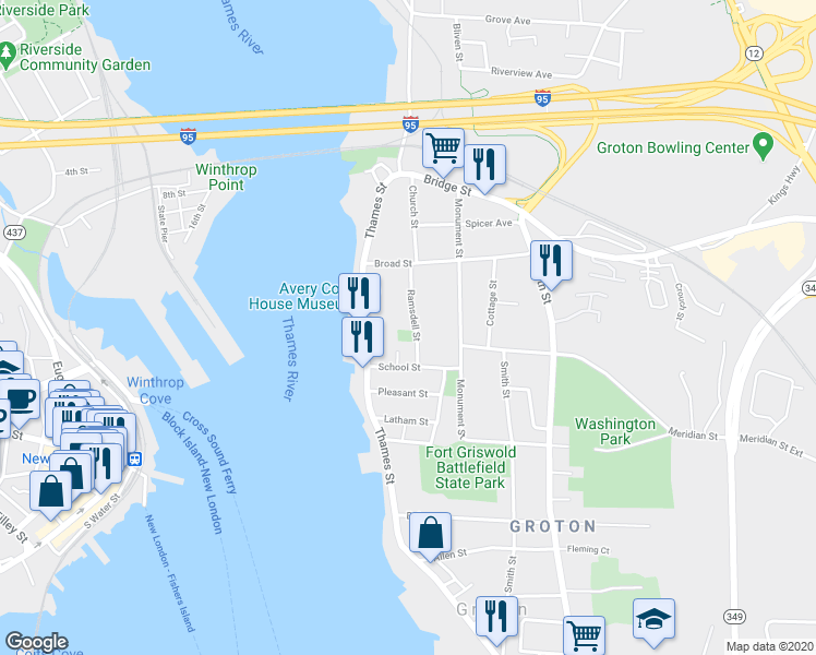 map of restaurants, bars, coffee shops, grocery stores, and more near 67 Ramsdell Street in Groton