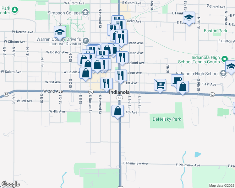 map of restaurants, bars, coffee shops, grocery stores, and more near 301 South Jefferson Way in Indianola
