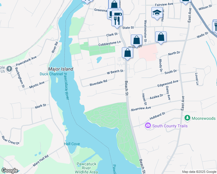 map of restaurants, bars, coffee shops, grocery stores, and more near 17 Lanphere Road in Westerly