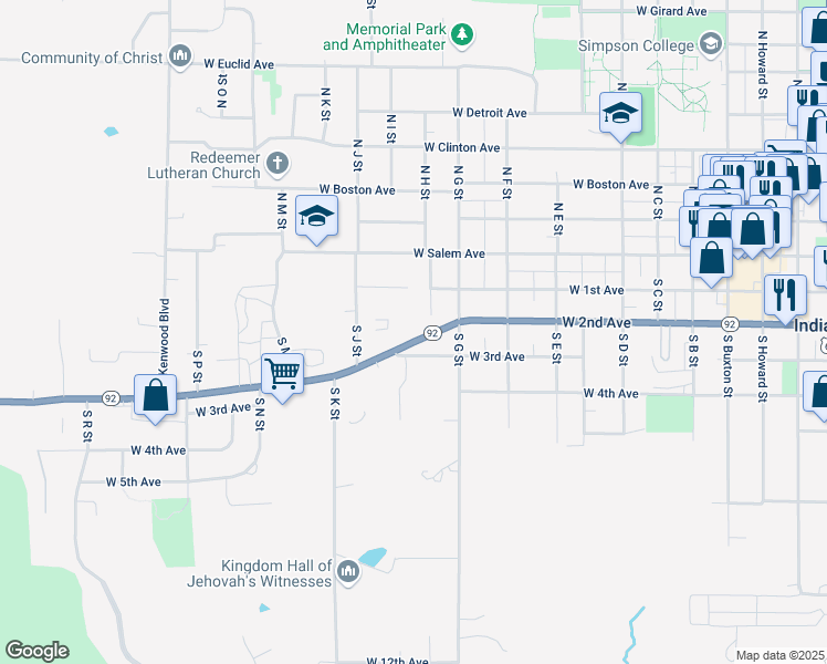 map of restaurants, bars, coffee shops, grocery stores, and more near 1002 West 2nd Avenue in Indianola